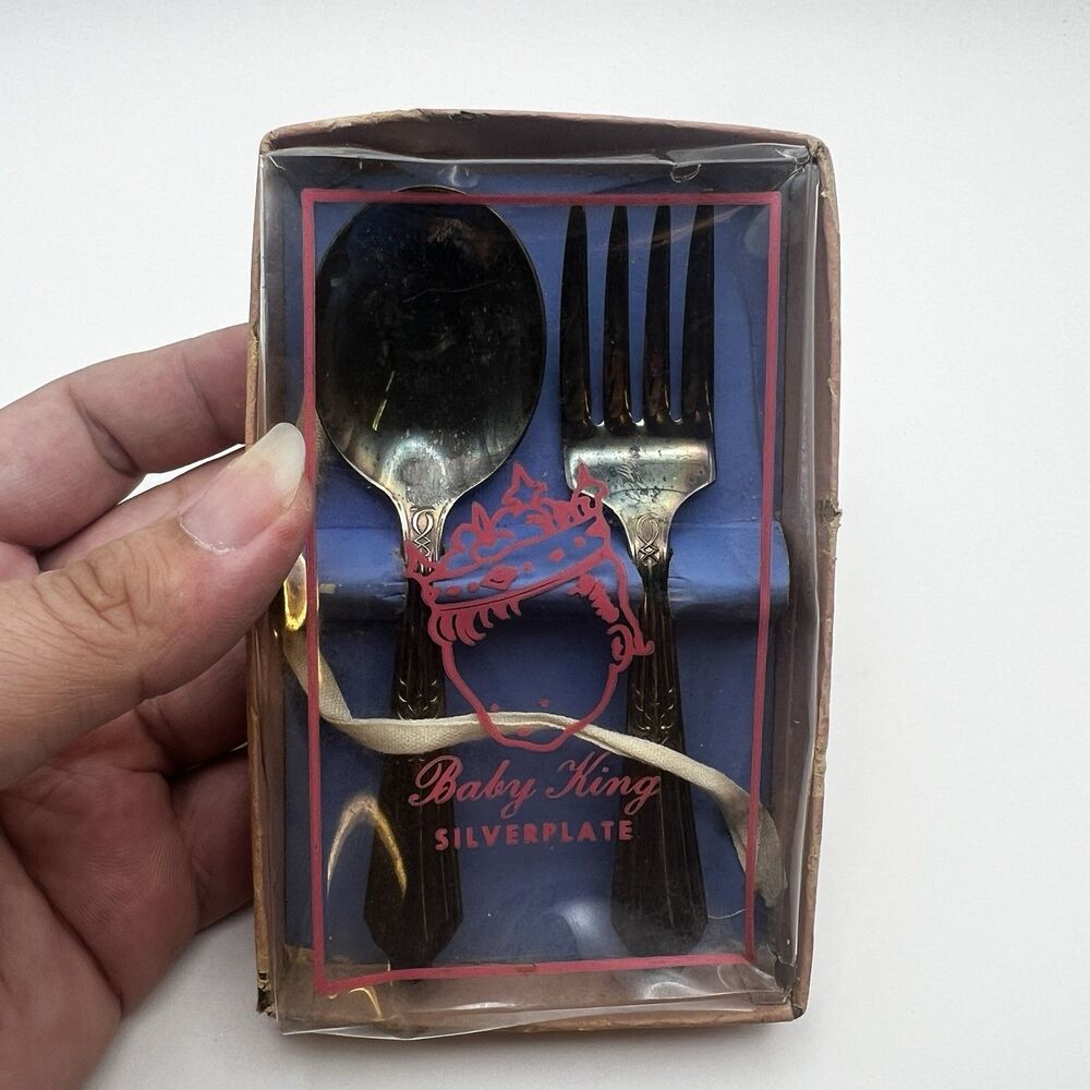 National Silver Co Baby King Silverplate EPNS Baby Spoon Fork Educator Set Box